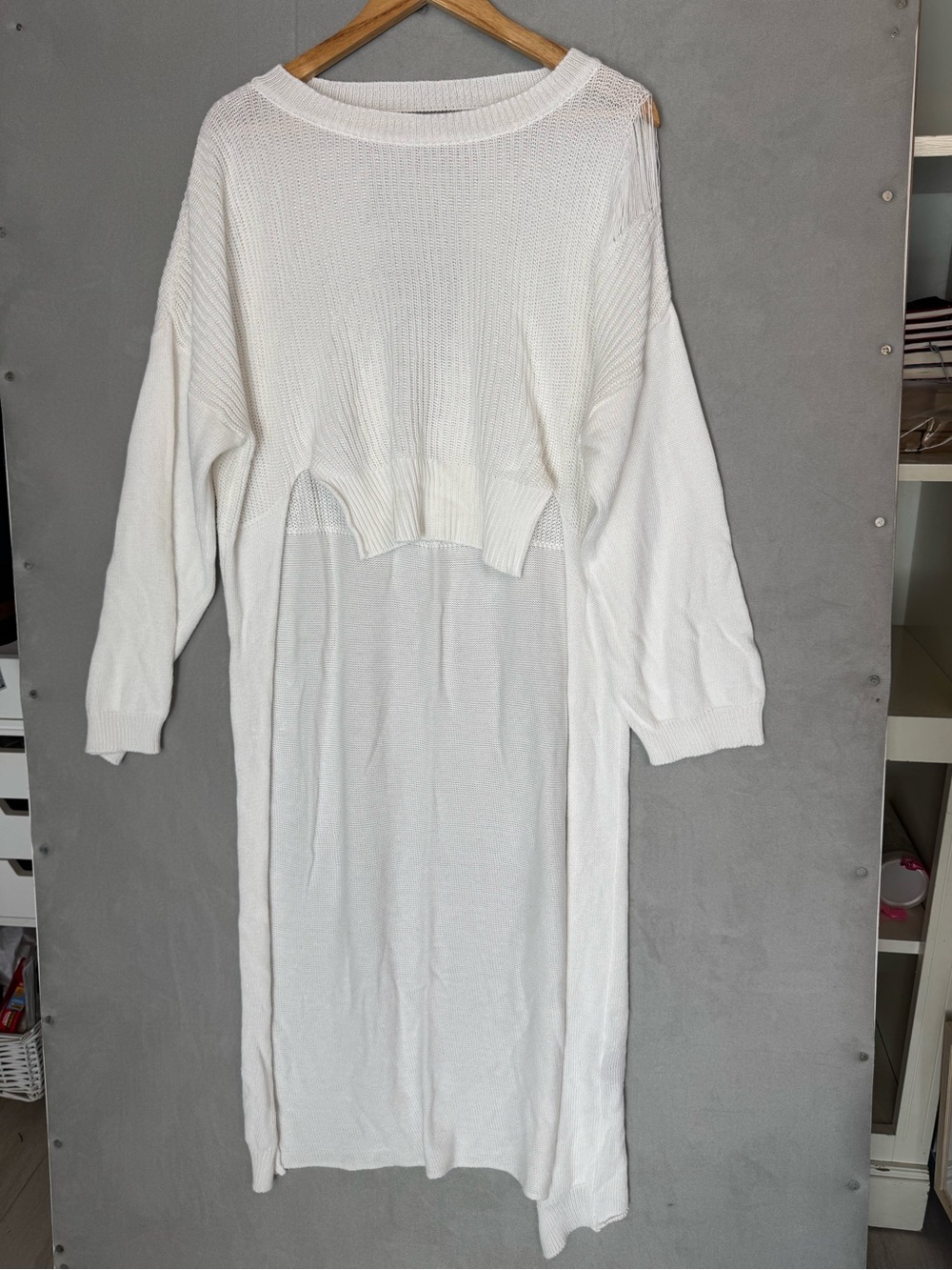 White Open Knit Sweater Dress M/L Oversized Distressed Fringe Back Boho